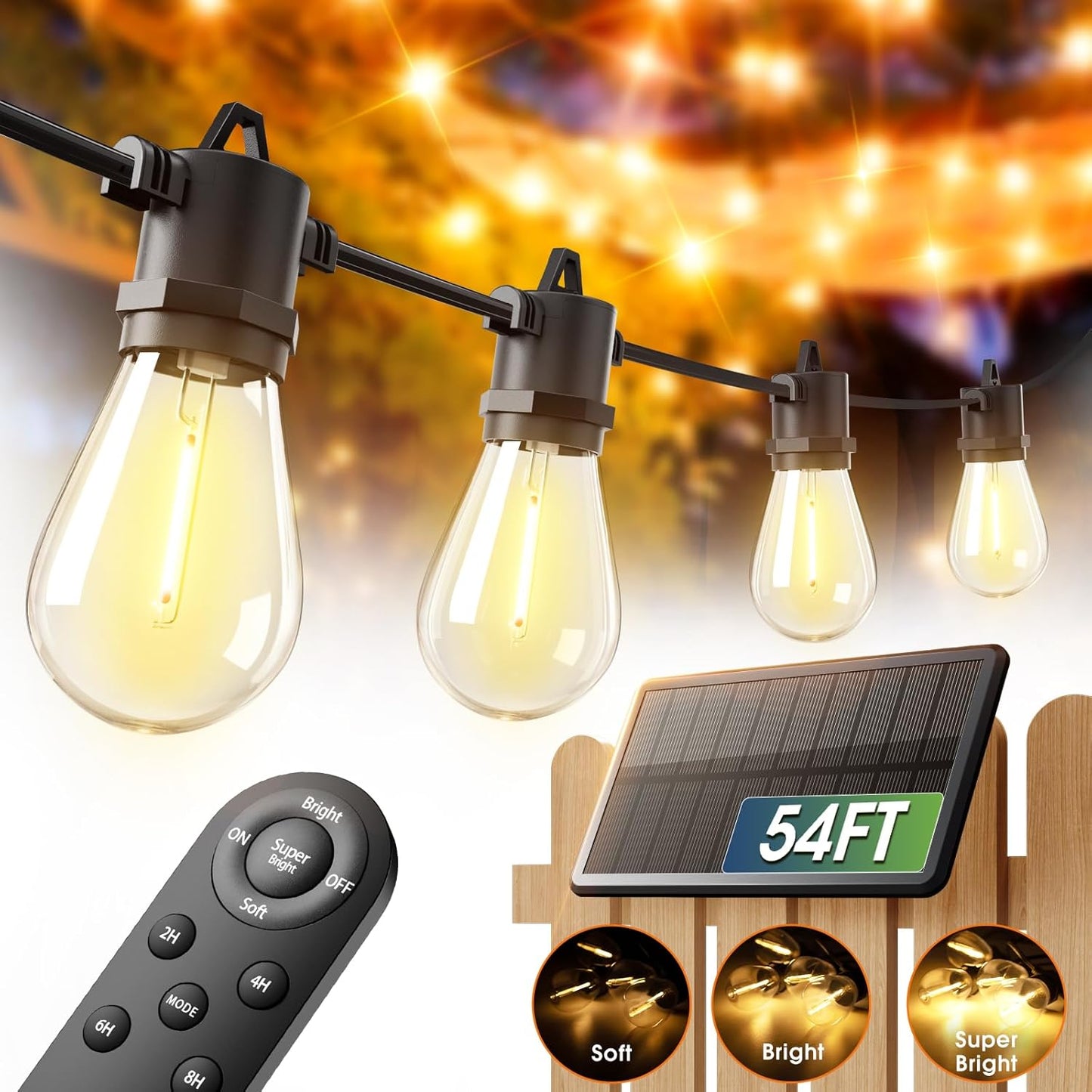 addlon 54FT(48+6) Solar String Lights Outdoor Waterproof with USB Charging & Remote Control - Dimmable Solar Power Patio Lights with LED Bulbs for Porch, Garden, Yard, Market, Bistro - Last for 20+Hrs