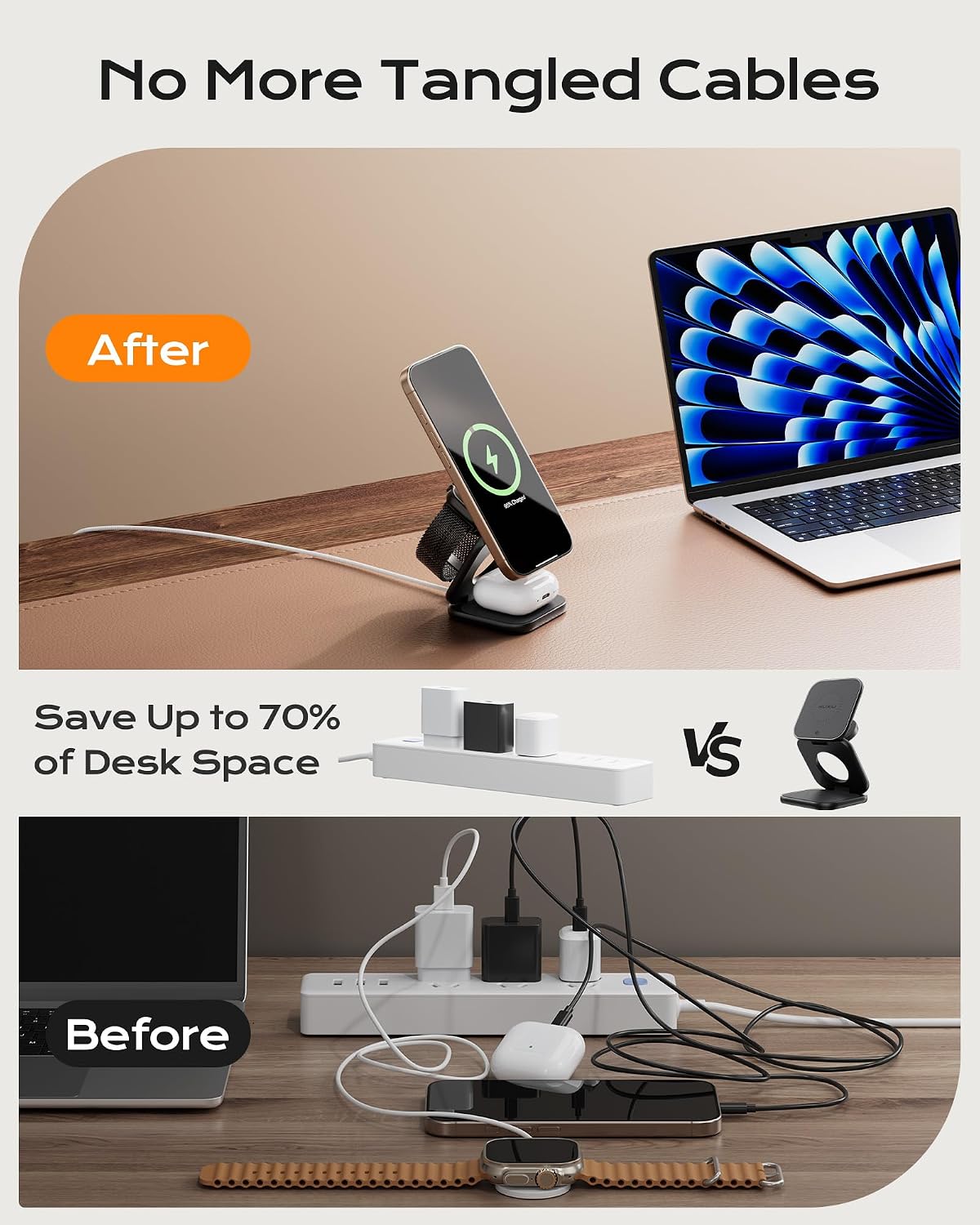 KU XIU Qi2.2 25W Magnetic Wireless Charger, Foldable 3 in 1 Travel Charging Station for iPhone 17/16/15/14/13/12, 5W for Apple Watch & AirPods, Aluminum Alloy Design, 45W GaN Adapter Included, Black