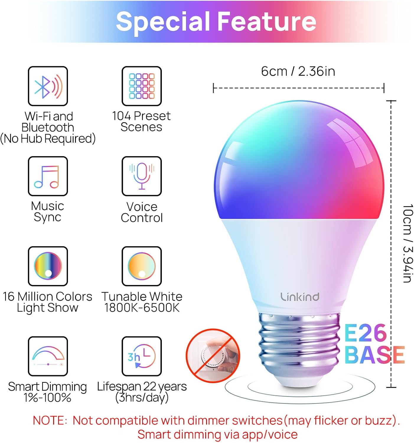 Linkind Smart Light Bulbs, Smart Bulb that Work with Alexa, Google Home, AiDot, LED Light Bulbs Color Changing RGBTW, 104 Preset Scene, Music Sync, Dotis, A19 E26 2.4G WiFi Bluetooth 60W 800LM, 4Pack
