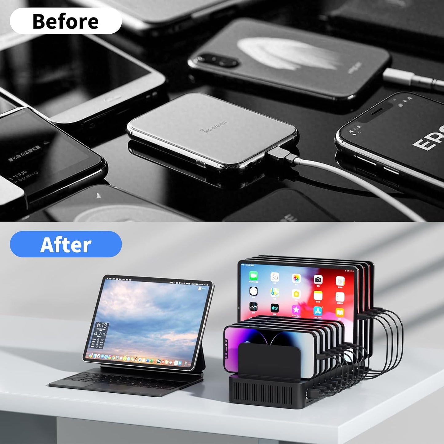 60W Charging Station for Multiple Devices, 10-Port USB Fast Charger | Device Organizer Charging Dock with 10 Mixed Charging Cable & Adjustable Dividers for iPhone, Android, iPad, Tablets & More