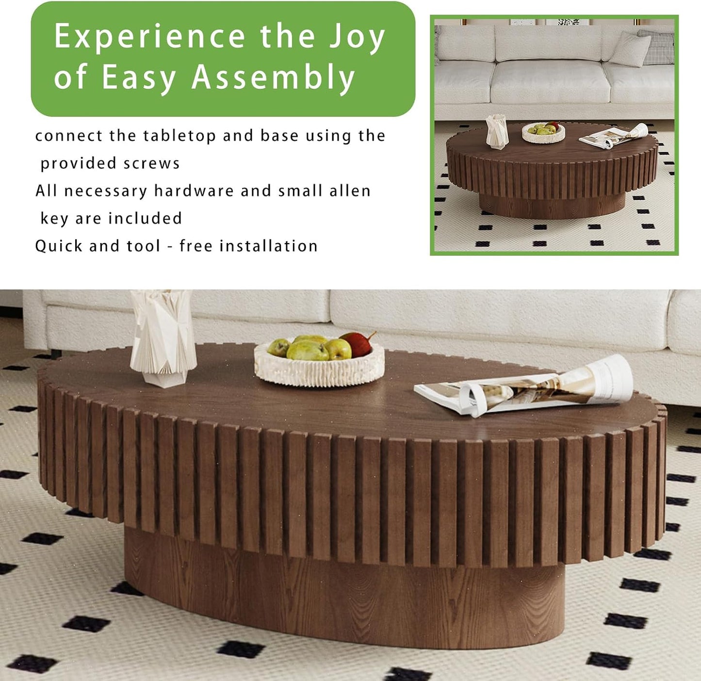 Modern Oval Coffee Table for Living Room (Oval Dark Brown) | Drum Oval Fluted Coffee Table, Pedestal Center Table for Office Patio
