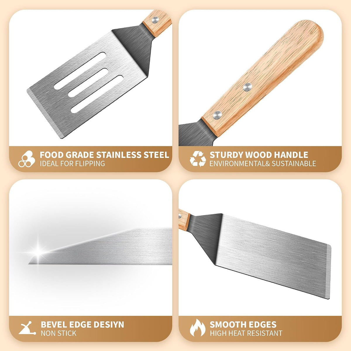 Stainless Steel Spatula Set, 2 pcs for Cast Iron Skillet with Wooden Handle