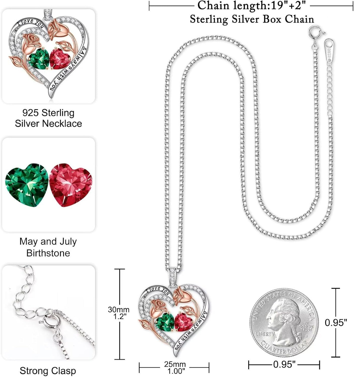 Iefil Birthstone Necklace for Women - Rose Heart Necklace