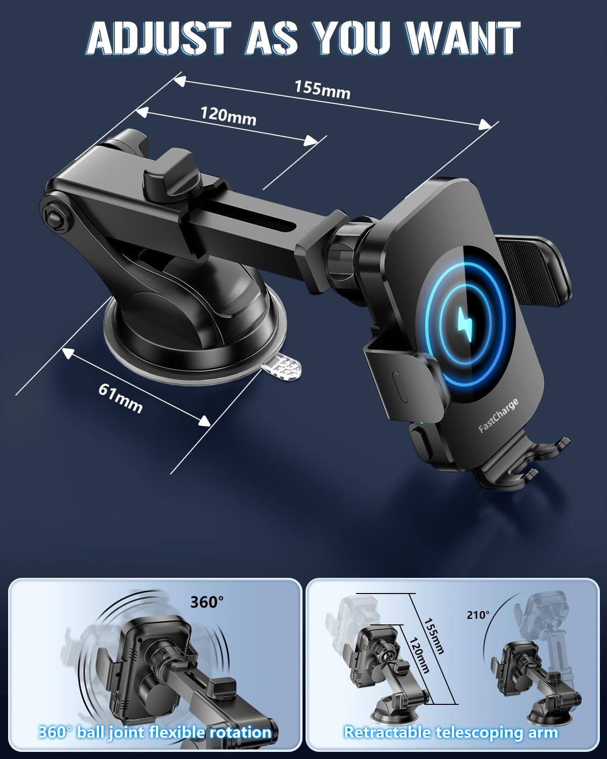 BothLin 3-in-1 Wireless Car Charger Mount, 15W Fast Charging Auto-Clamping Phone Holder for iPhone 17 16 15 14, Samsung Galaxy S24 S23, Dashboard, Vent & Windshield Car Mount(Black)