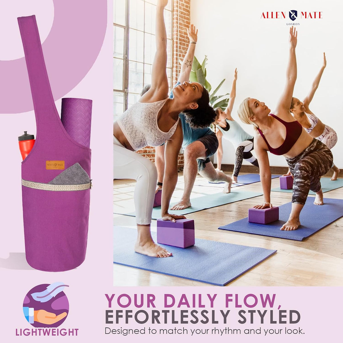ALLEN & MATE 100% Cotton Canvas Yoga Mat Bag, Fits Mats up to 72 In Long and 7.5 In Thick, Wide Shoulder Strap, Zip Pocket, Blue Stripe