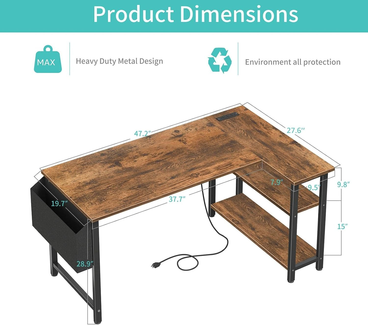 Lufeiya L Shaped Computer Desk with Power Outlet Shelves, 47 Inch Corner Desk for Home Office Bedroom, L-Shaped Study Writing Working PC Desks, Rustic Brown