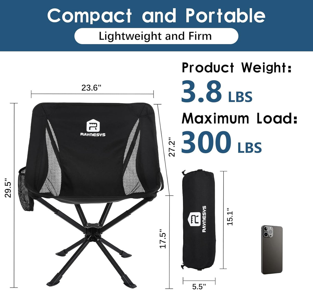 Raynesys 1 Pack Portable Camping Chair, Flexible 360° Rotation, Easy Carry, 8 Seconds Quick Setup Folding Camping Chair, 3.8Lb Lightweight Folding Chairs for Hiking, Beach, Sporting, Travel