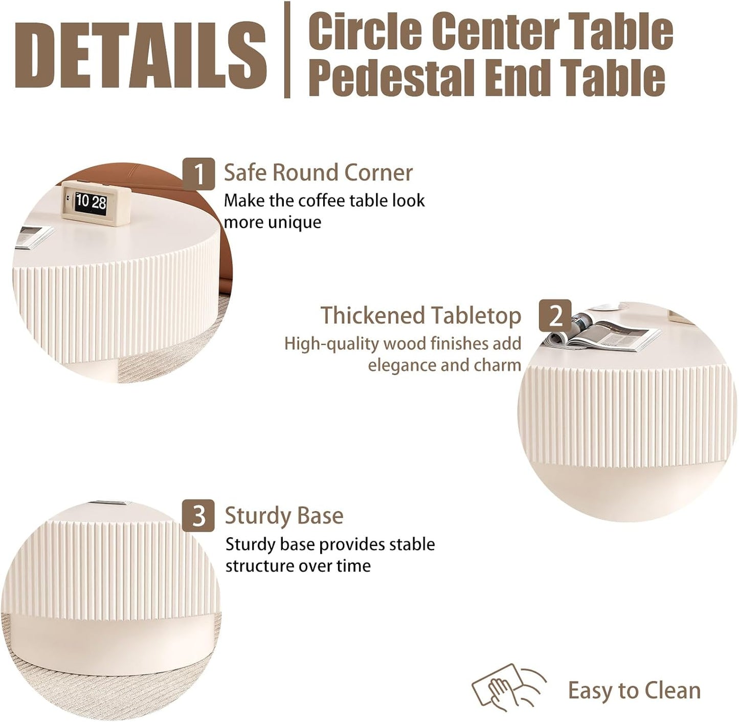 White Round Fluted Coffee Table for Living Room (Ivory White Thick Desktop) | Handcrafted Relief Edges, Mid Century Modern, Circular Drum Coffee Table, Center Tables for Office Outdoor