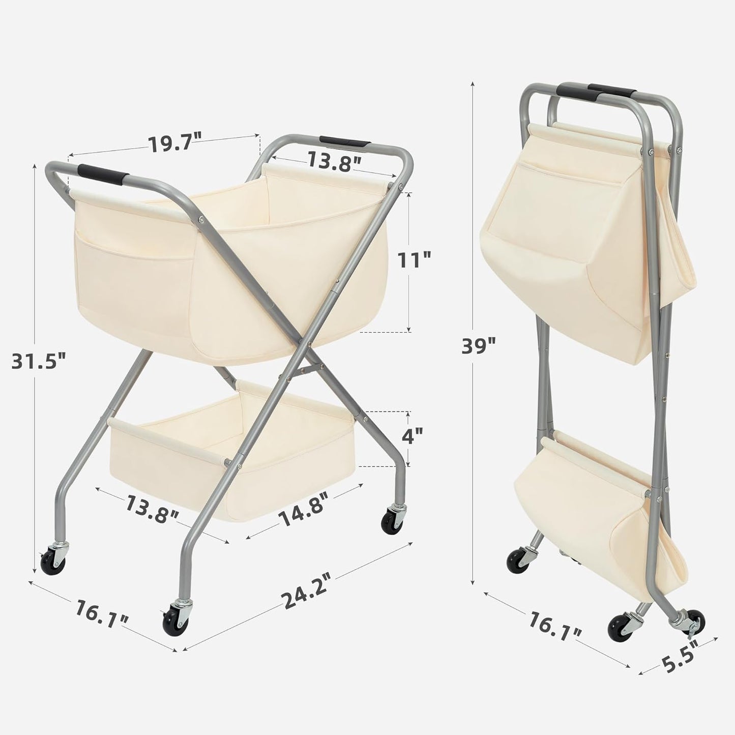 STORAGE MANIAC Collapsible Laundry Cart with Wheels 31.5"H Rolling Laundry Hamper Clothes Basket with Wheels, Canvas Liner Sturdy Steel Frame Folding for Small Narrow Space Easy Storage, Beige