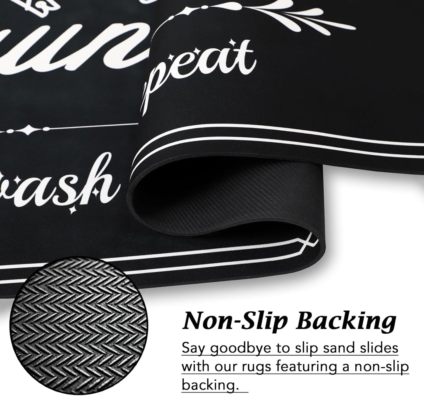Non-Slip Laundry Room Rug Runner 17.3"x47.2" Washable Floor Cushioned Rubber Carpet Black Bathroom Hallway Mudroom Kitchen Mat for Farmhouse Entryway Washroom Decor Accessories