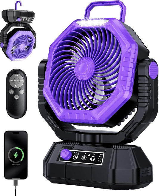 AJVV Camping Fan, Oscillating Battery Powered Portable Rechargeable Hanging Tent Fan with Light and Remote for Camp, Outdoor, Emergency Power Outage, Fishing, RV Travel, Violet