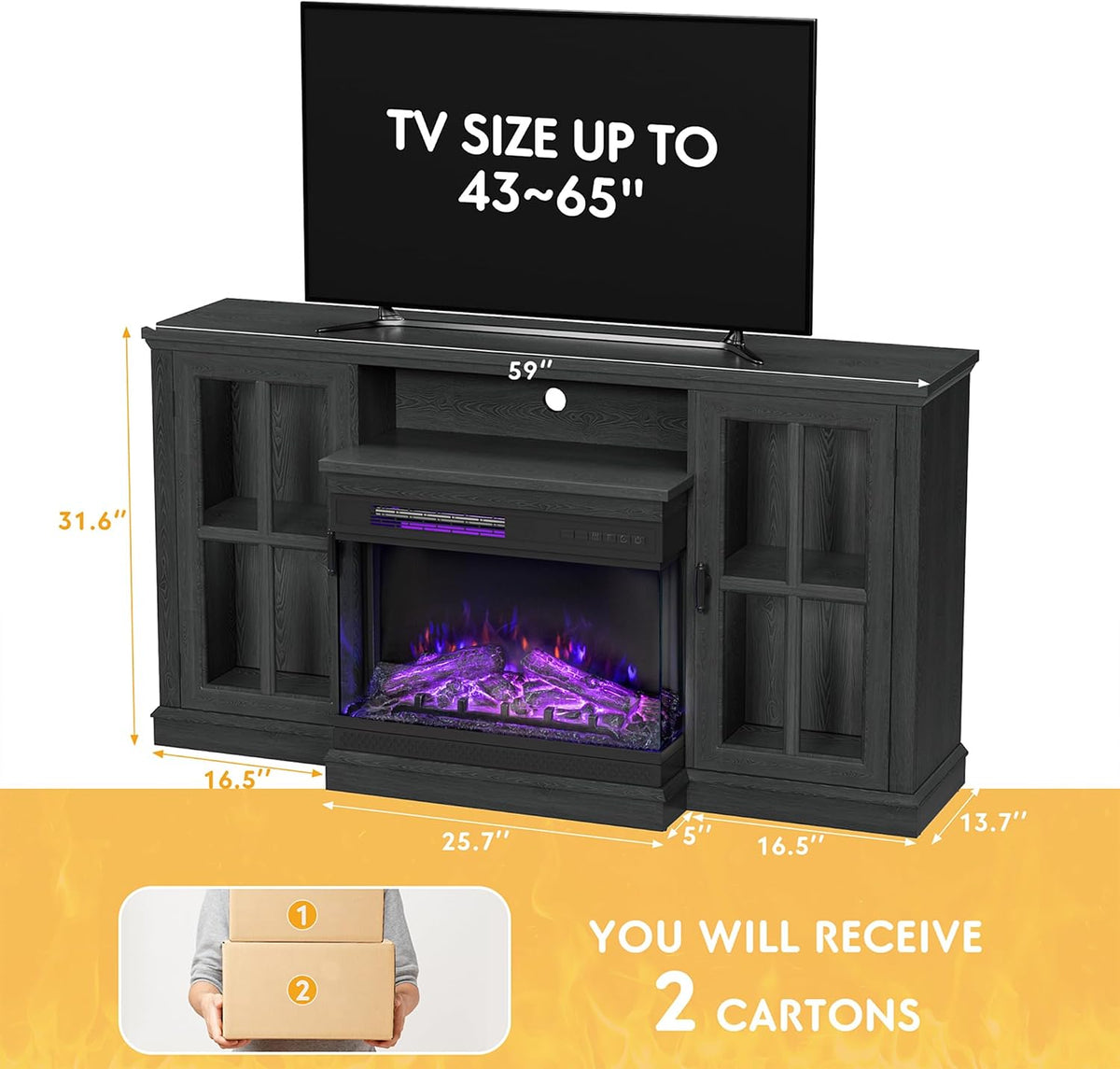 JUMMICO Fireplace TV Stand up to 65", 3-Sided Glass, Black | Entertainment Center with Cabinet Storage, Adjustable Flame and LED Colors, Media Console for Living Room