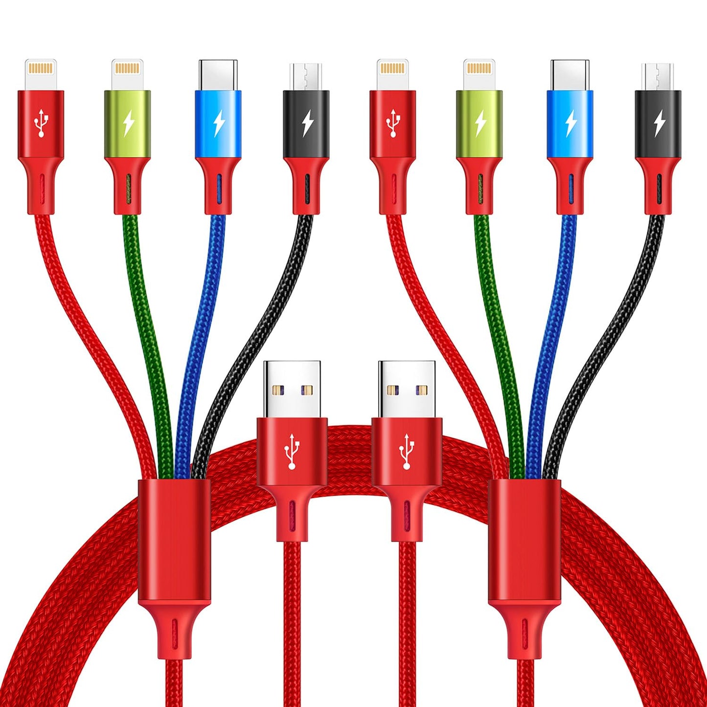 Multi Charging Cable 3.5A Multiple Charger Cable Braided 4 in 1 Multi USB Cable Fast Charging Cord with IP/Type C/Micro Ports for Cell Phones/iPhone Series/Tablets/Samsung Galaxy & More (2Pack 4Ft)
