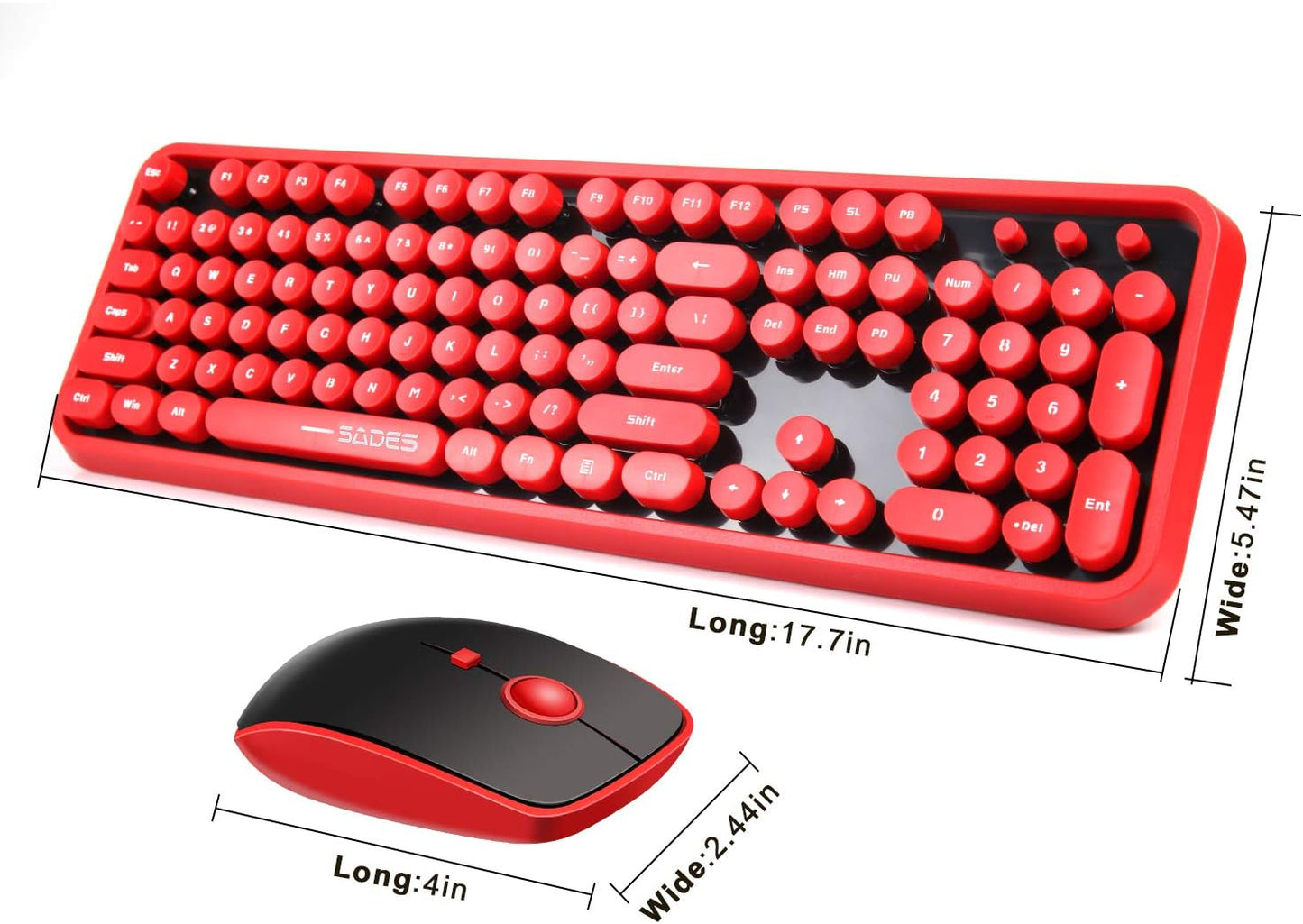 Red Wireless Keyboard and Mouse Combo, Retro Typewriter Style Round Key Keyboard with Bubble Keycaps, 2.4GHz Creamy Clicky Aesthetic Full Size Keyboard with Number Pad for PC Laptop Desktop