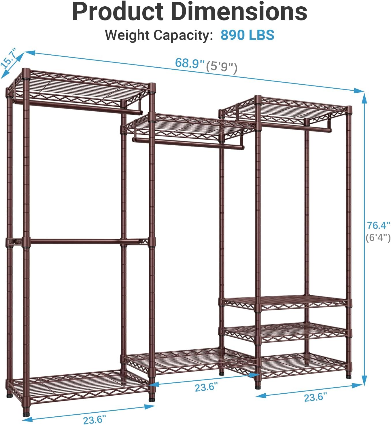 VIPEK V5 Portable Closet Wardrobe Heavy Duty Clothes Rack Metal Freestanding Clothing Racks, Adjustable Custom Closet Racks with 4 Hanging Rods & 8 Shelves, 68.9" Lx15.7 Wx76.4 H, Bronze