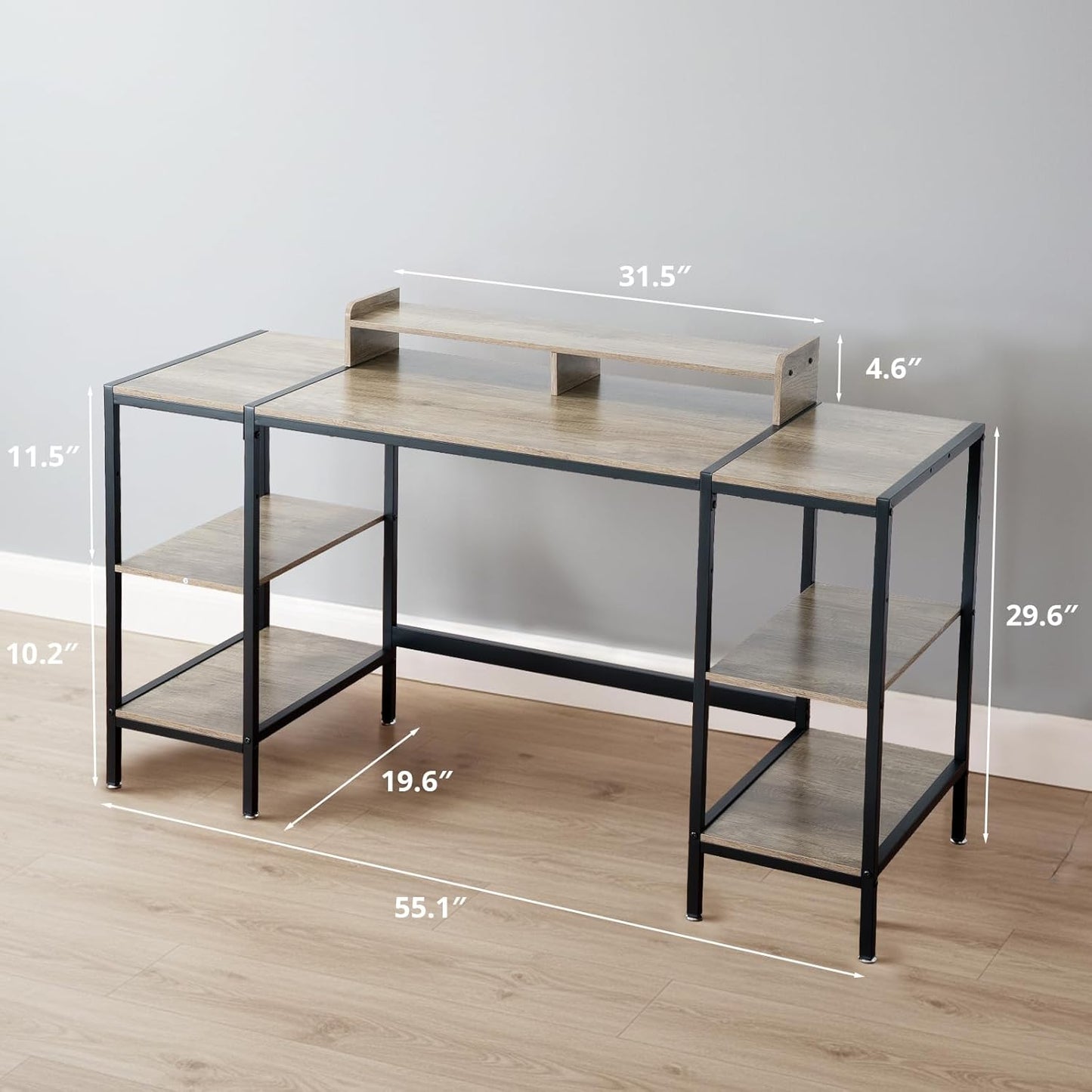 MINOSYS Gaming/Computer Desk - 47” Home Office Small Desk with Monitor Stand, Rustic Writing Desk for 2 Monitors, Adjustable Storage Space, Modern Design Corner Table.