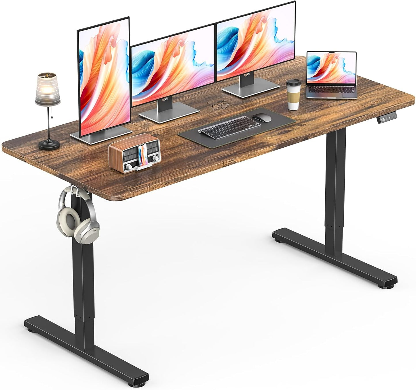 Standing Desk, Height Adjustable Electric Stand up Desk, 55 x 24 Inches Sit Stand Home Office Desk with Splice Board, Black Frame/Rustic Brown Top