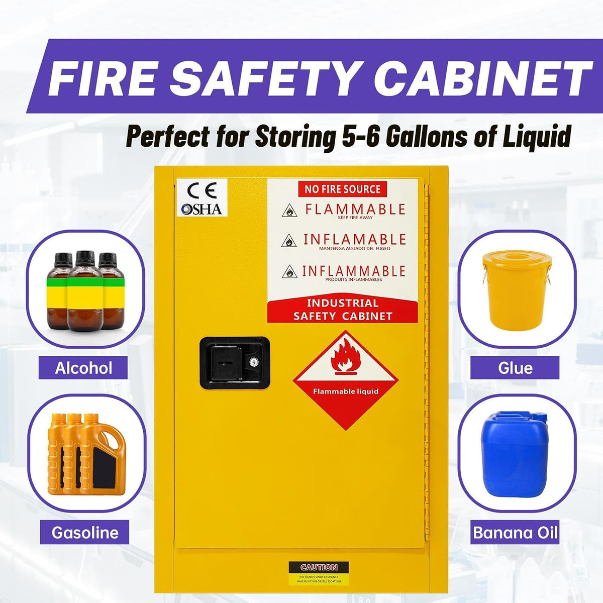 36 Gallon Yellow Flammable Storage Cabinet, Fireproof Steel Chemical Storage Locker with Adjustable Shelves, for Flammable Liquids, Industrial Use, Free Returns!