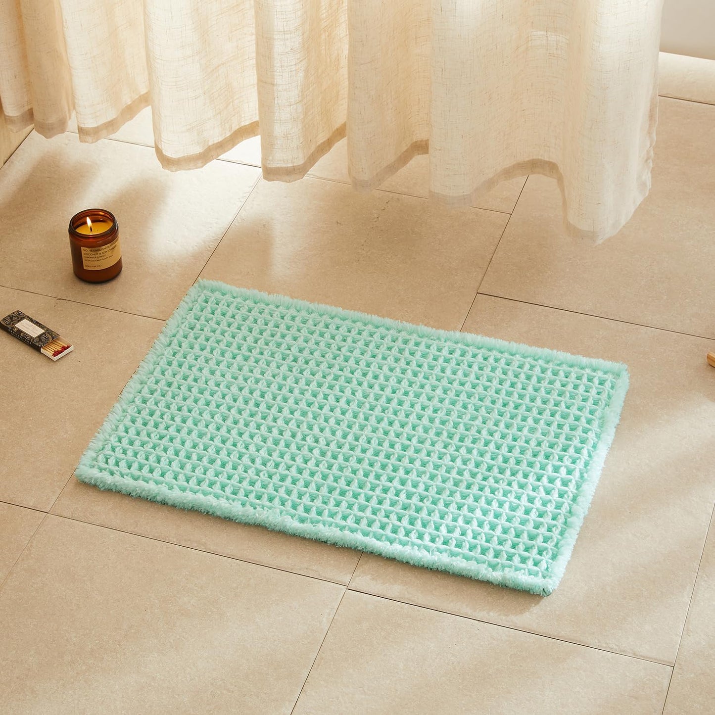 TYUU Waffle Bath Mat, Boho Bathroom Rugs Non Slip Washable Super Absorbent Quick Dry Cute Bath Mat Farmhouse Bathroom Decor, 24"x16" Aqua Blue