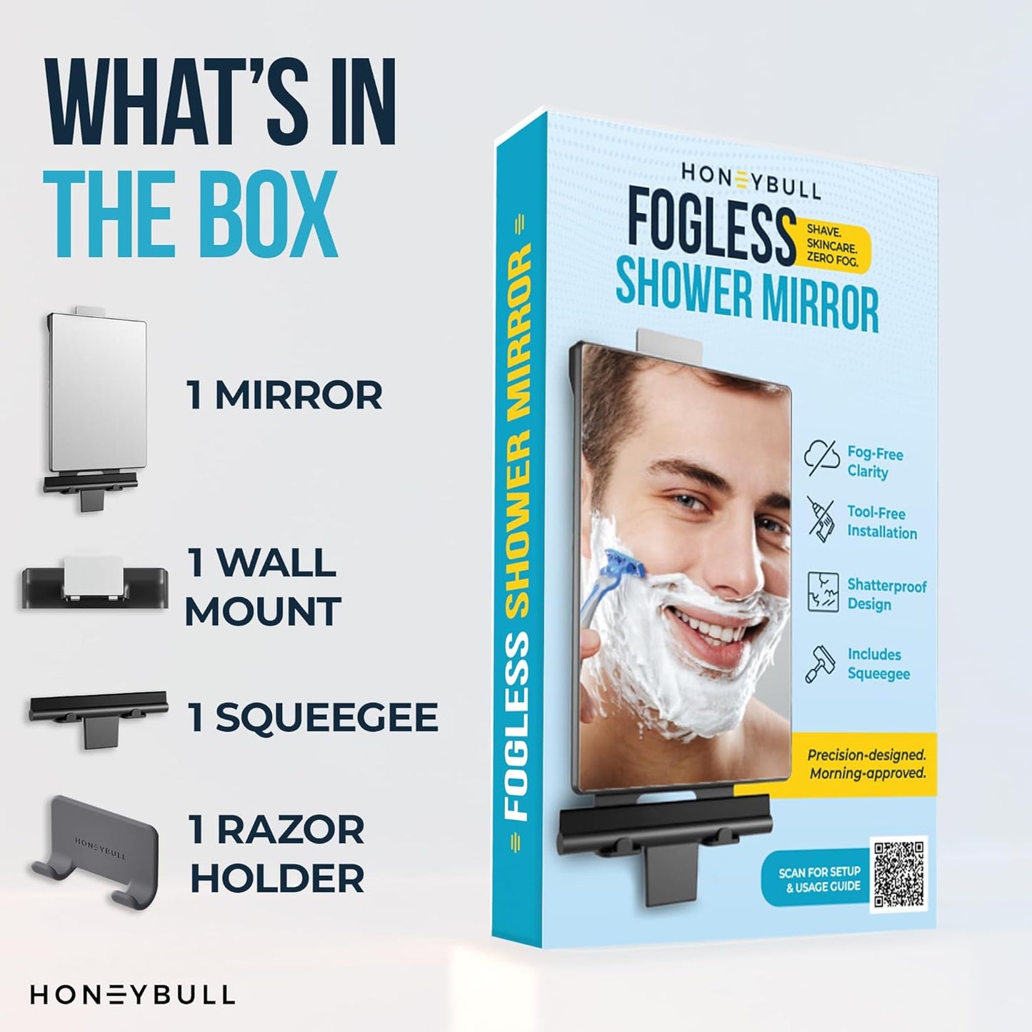 HONEYBULL Fogless Shower Mirror for Shaving – Anti Fog Mirror for Shower with Water Tank, Adhesive Hook Mount, Bonus Razor Holder & Squeegee – for Men and Women, Small Bathroom Accessory (Black)