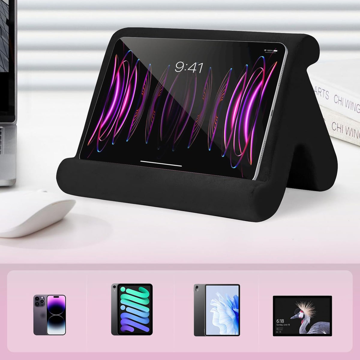 Universal Multi-Angle Tablet Stand Holder-Soft Pad Stand with black phone holder for Lap,Knee,Sofa and Bed,Compatible with iPad Pro 9.7,10.5,12.9 Air Mini 4 3,Kindle,Galaxy Tab,E-Reader (Black)