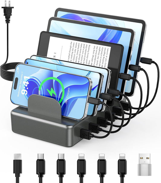 50W 6 USB Port Charging Station for Multiple Devices, Multi Charger Station | with 6 Cables, USB-A to USB-C Adapter Converter, Compatible with iPhone,iPad Kindle Tablet and Other Electronic（Space Gray)