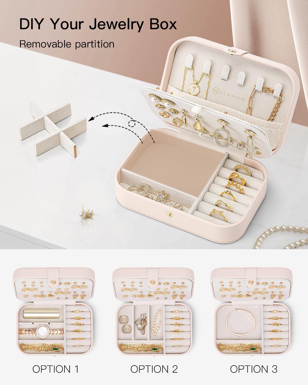 VLANDO Travel Jewelry Case, PU Leather Travel Jewelry Box with Earring Holder, Portable Display Small Jewelry Box for Mothers Day Women Girls Gift - Pink