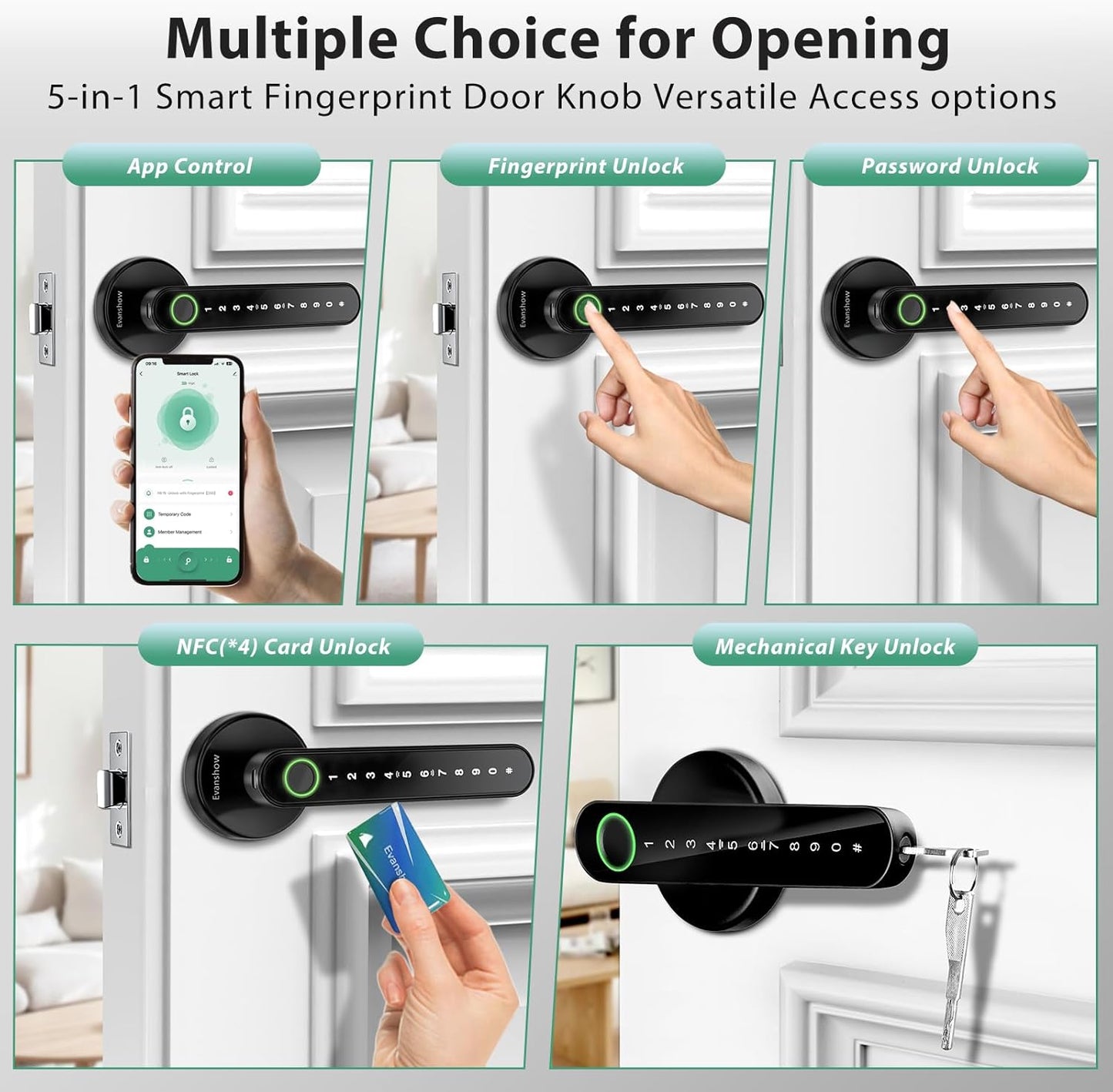 Smart Door Lock with Knob, Keyless Entry Door Locks with Handle, Fingerprint Door Knob for Bedroom/Front Door/Apartment,Generate Passcode Remotely Black