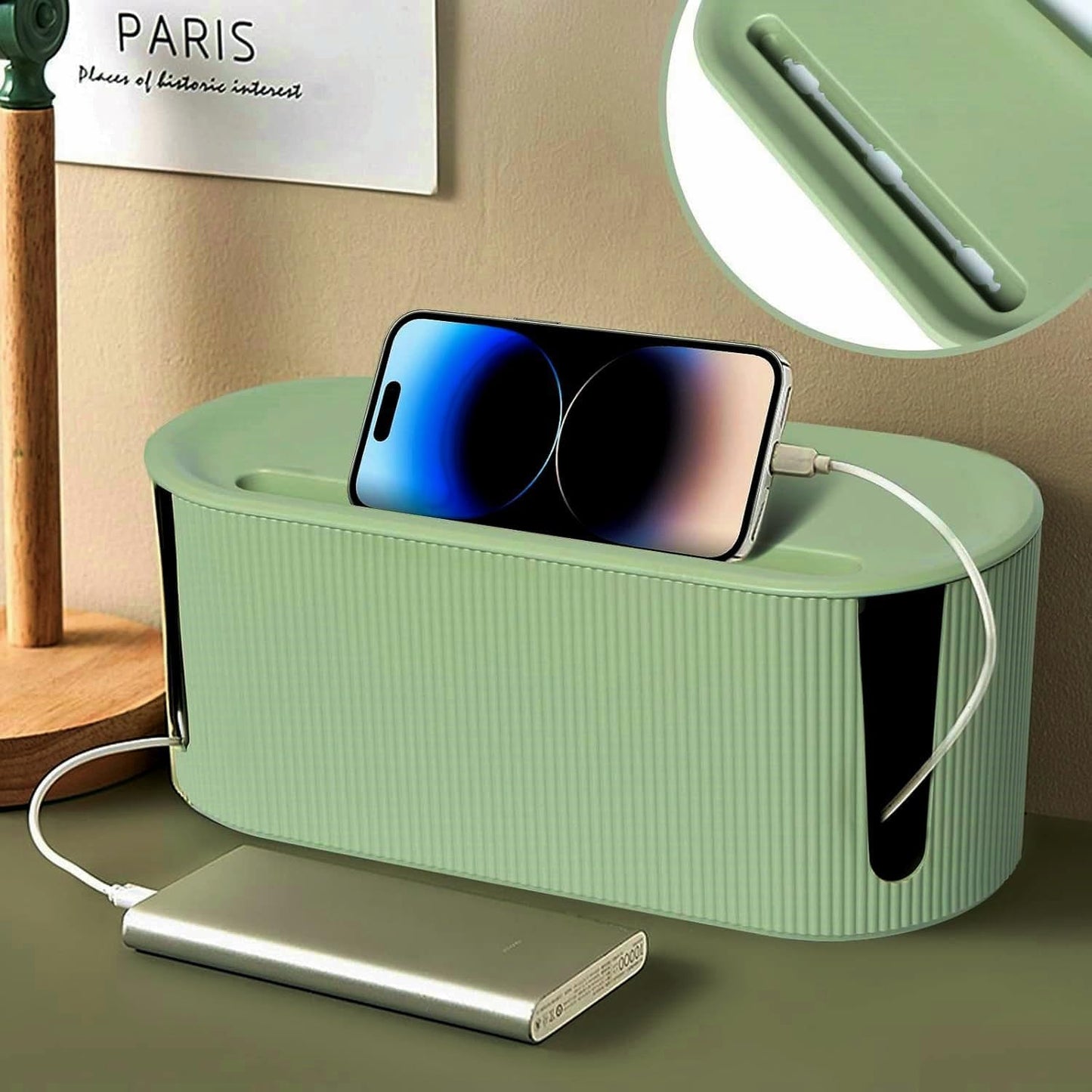 Cable Management Box,Desk Cord Organizer Box with Groove Cover,Plastic Cord Hider Box,Large Cable Box Organizer for Storaging Power Socket/TV/Computer/Router/Games Console Cable (Green)