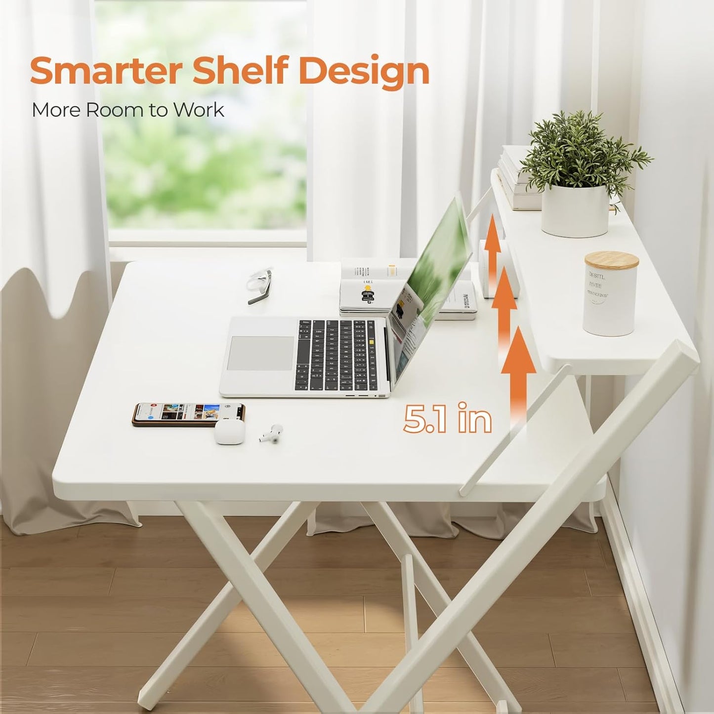 GreenForest No Assembly Folding Desk, 2-Tier Compact Computer Desk with Shelf, Space Saving Foldable Table for Home Office, Dorm or Apartment, Portable Collapsible Sturdy Laptop Desk, White