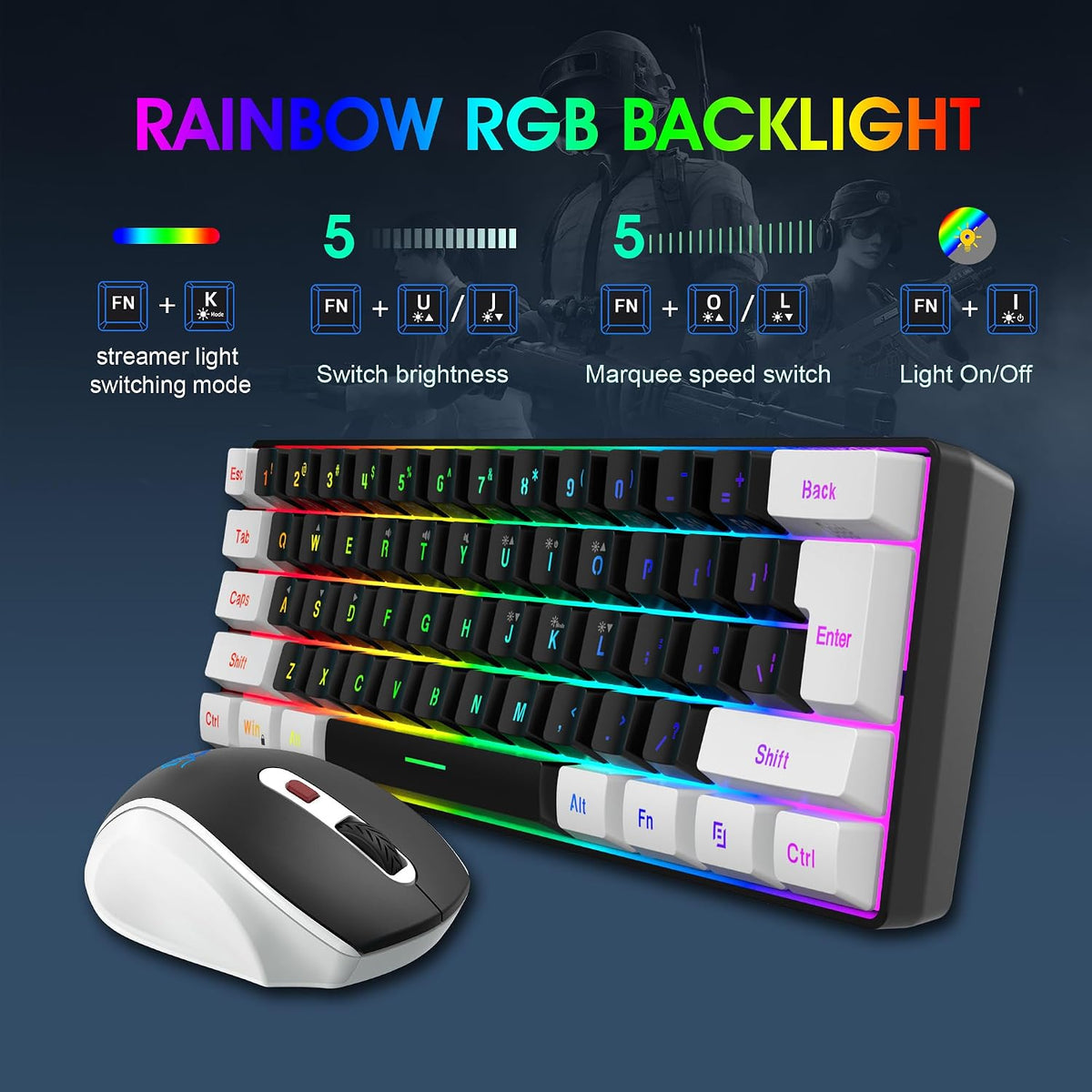 Snpurdiri 2.4G 60% Wireless Gaming Keyboard and Mouse Combo (White-Black)
