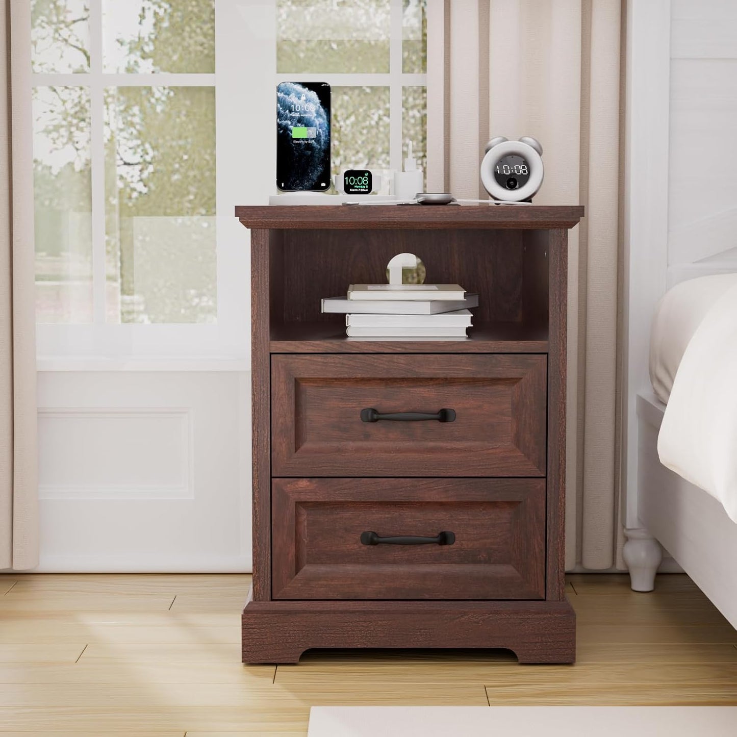 HOMMPA Farmhouse Nightstand w/Charging Station, Open Shelf 23.6''H Cherry