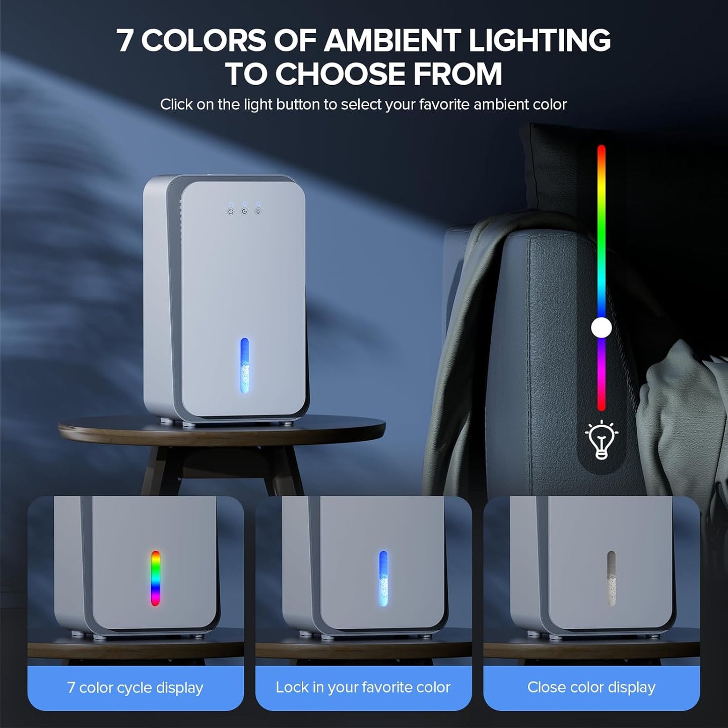 1000 sq.ft Dehumidifier for Home, Dehumidifiers for Basement, Bathroom, Bedroom with Auto Shut Off and Drain Hose, Built-in Aromatherapy Diffuser, 7 Colors LED Light, Quiet Sleep Mode(White)