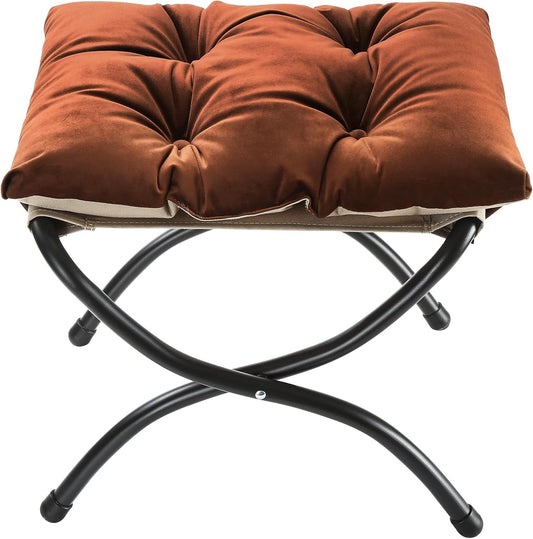 15" Upholstered Folding Foot Rest Stool with Foldable Metal Frame Brown