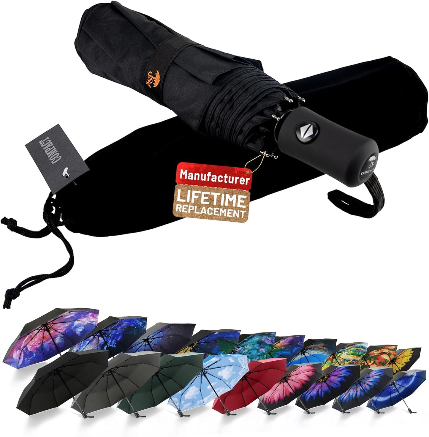 SY COMPACT Travel Umbrella - Windproof Automatic Compact Umbrella for Rain, Lightest 8-Rib, Small, Strong & Portable, Durable Grip, Fits Backpack & Car, Factory Direct (UV Available)