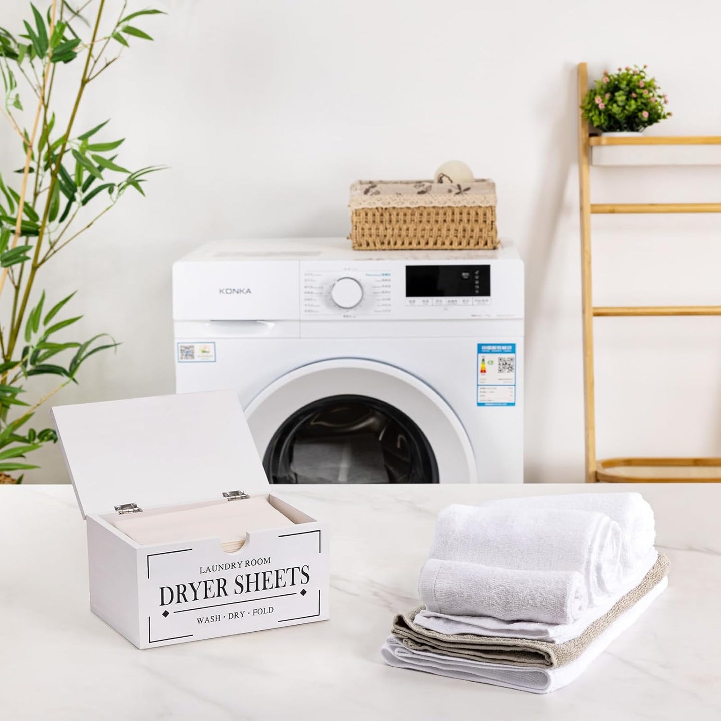 HouseJoy Dryer Sheet Holder-White Dryer Sheet Container with Lid,Rustic Farmhouse Wooden Dryer Sheet Dispenser for Fabric Softener Sheets,Laundry Room Decor Organization/Storage