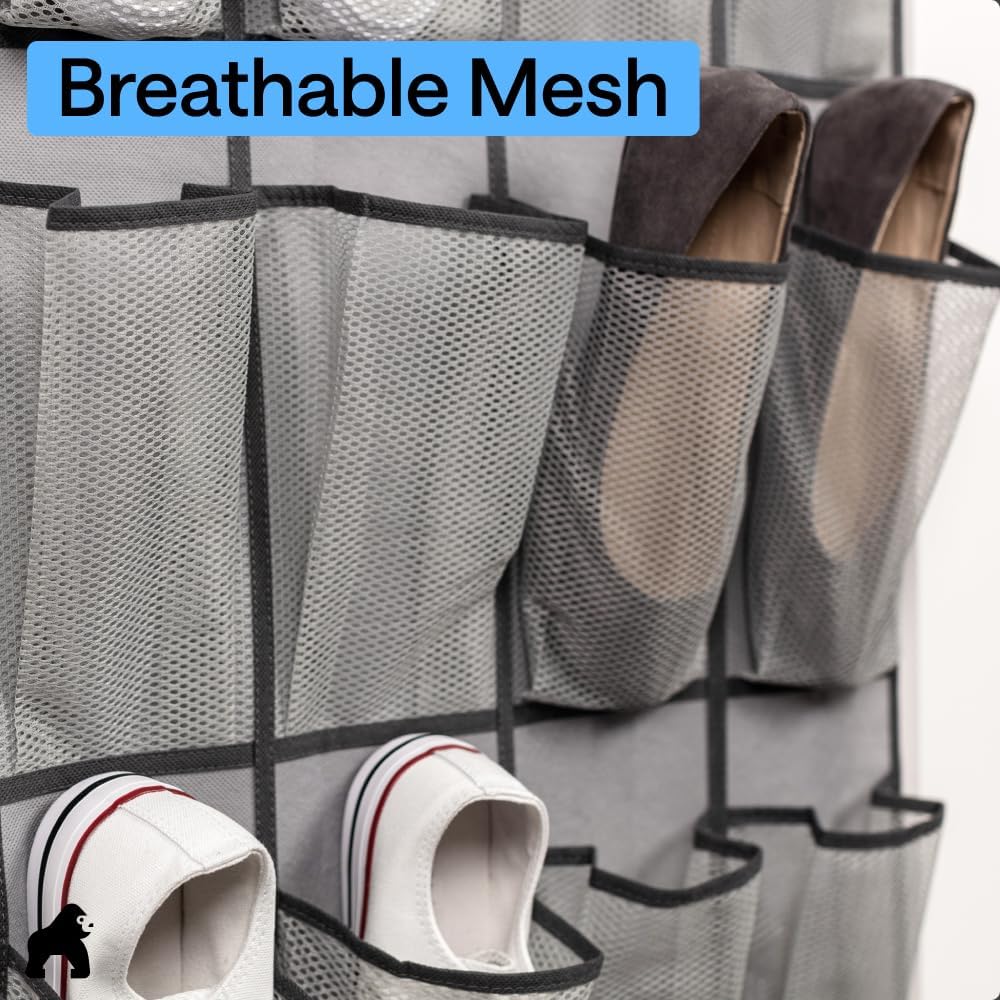 GORILLA GRIP Over the Door Shoe Organizer, 24 Large Breathable Mesh Pockets, Space Saving Hanging Storage Holder, Closet Rack Hanger Holds Up to 40 lbs, Hangs on Closets for Shoes, Accessories, Grey