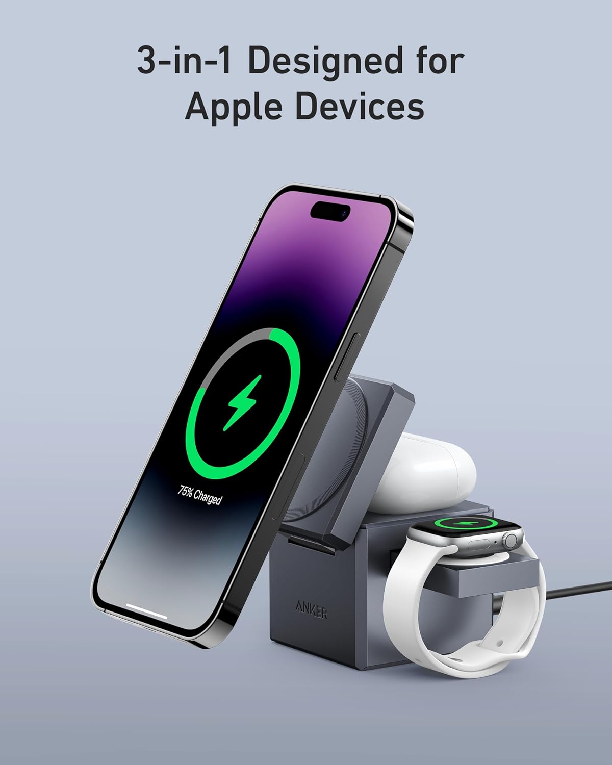 Anker 3-in-1 Cube Wireless Charger, MagSafe Charging Stand, 15W Foldable Fast Charging Station for iPhone 17/16/15, Apple Watch 1-8/Ultra, AirPods (Adapter Included, Non-Battery)