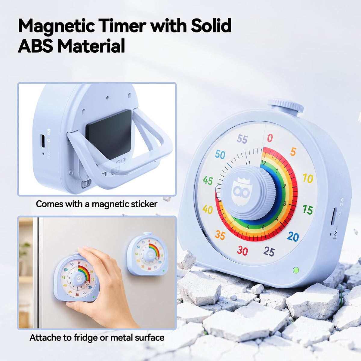 Kids Timer with Rainbow Visual Disk, Rechargeable Timer for Classroom Office Kitchen with Magnetic Sticker, 60 Min/12Hr Silent Countdown Timers Management Tool for ADHD & Autism