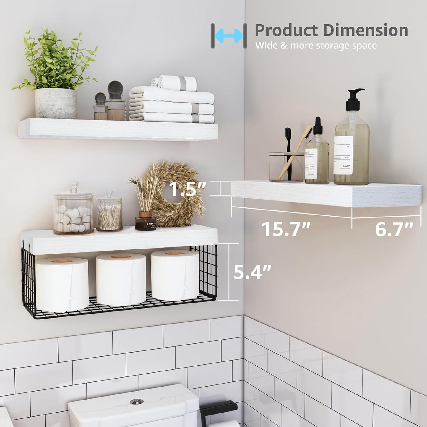 QEEIG Bathroom Shelves Over Toilet - Wall Mounted Floating Shelves Toilet Paper Storage Small Farmhouse Decor Shelf 16 inch Set of 3, White and Black (019-WB3)
