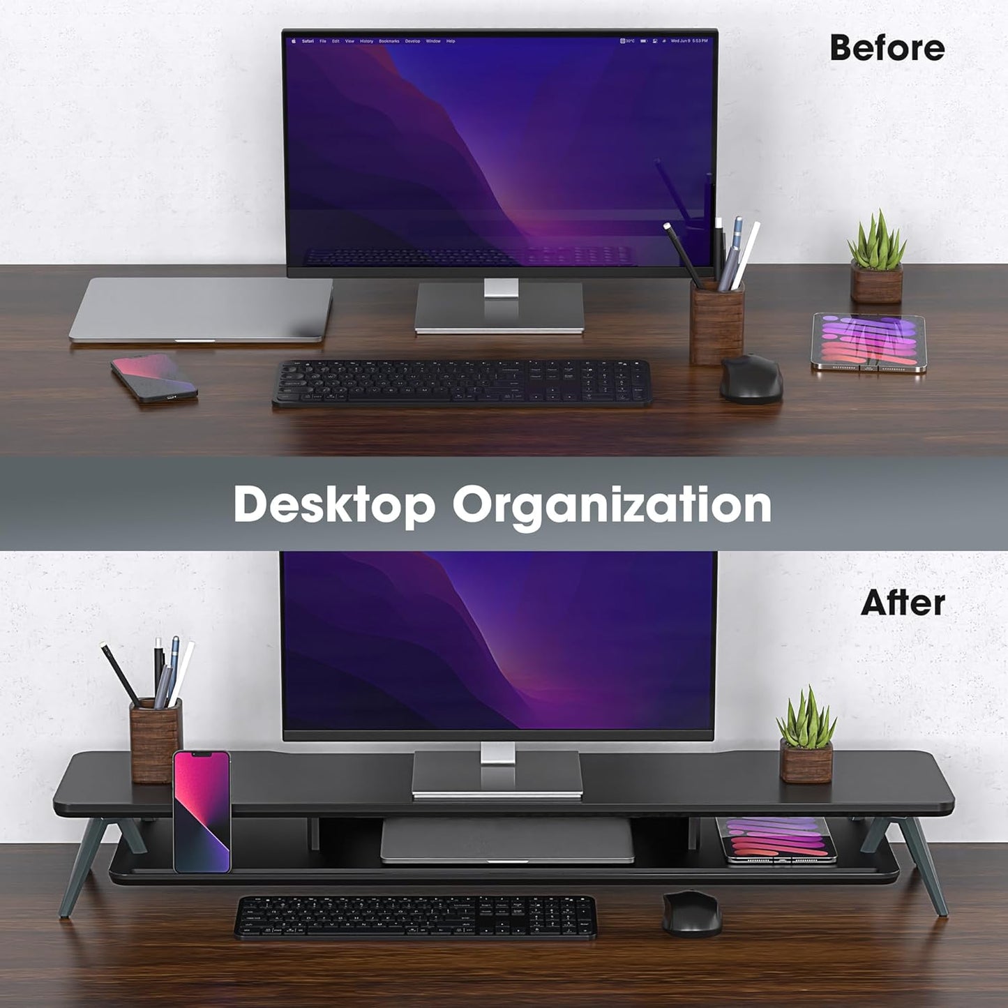 Fenge Dual Monitor Stand, Monitor Stands Riser for 2 monitors, 42.5 Inch Wood Desk Shelf with Storage Organizer and Cable Management for Office Desk Accessories