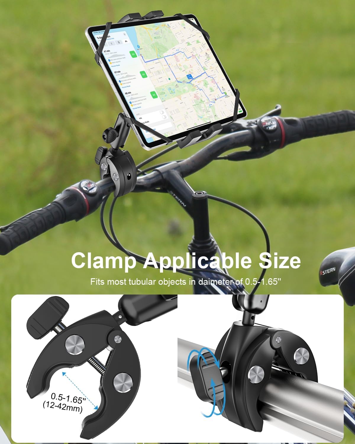 Metal iPad Tablet Mount for Boat Helm, Marine, Wheelchair, Golf Cart, Stroller, Treadmill, Spin Bike, Bicycle, Mic Stand - 360° Adjustable Handlebar Clamp for 4-13" iPad Pro, Air, Mini, Galaxy, iPhone