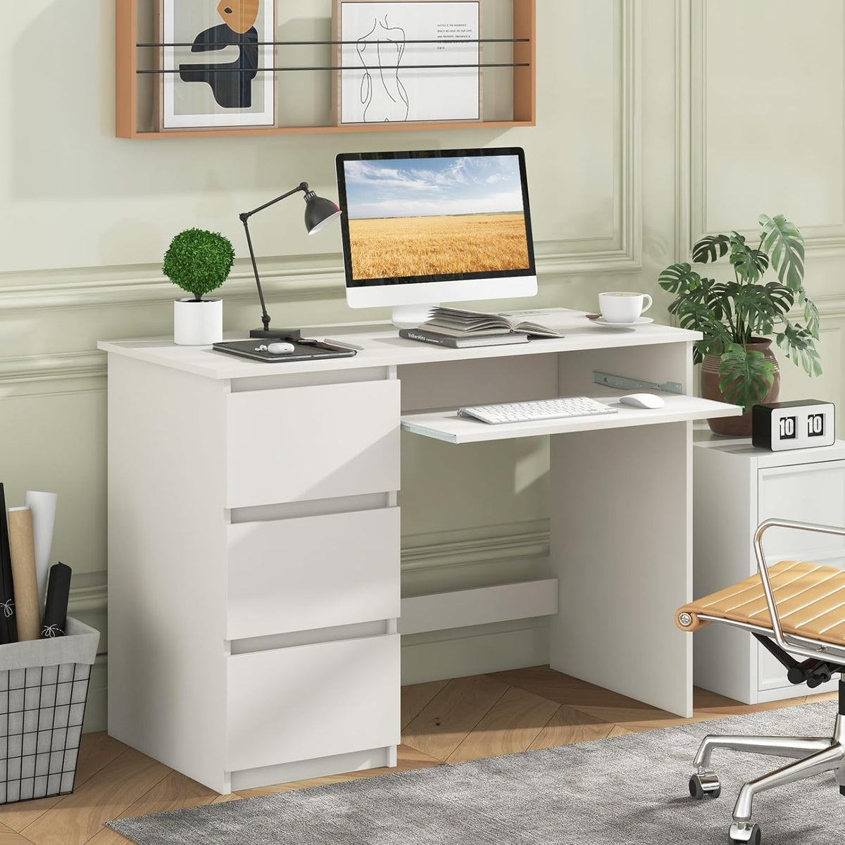 Tangkula White Desk with 3 Storage Drawers & Built-in Charging Station, Home Office Desk with Keyboard Tray, PC Desk Study Writing Table, Vanity Table for Bedroom, Computer Workstation (White)
