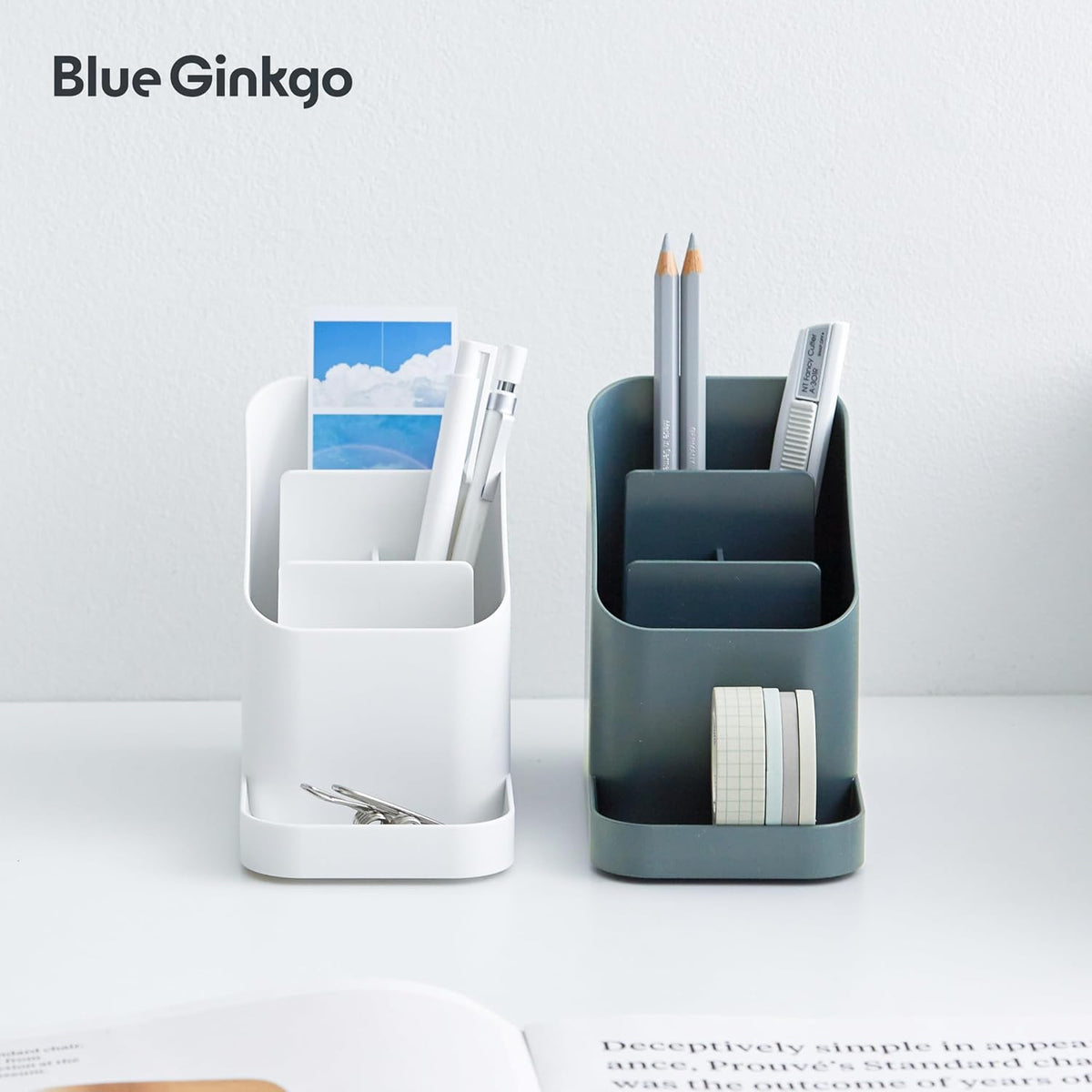 BLUE GINKGO Pen Holder, Desk Organizer, White, Made in Korea