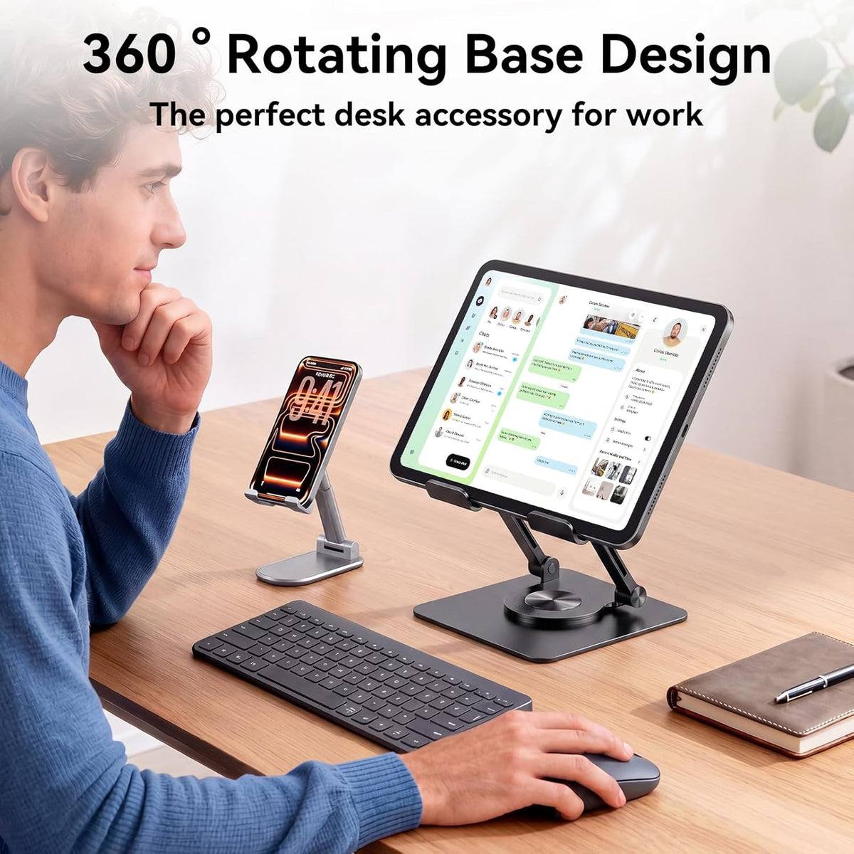 K&ZZ iPad Stand for Desk, Height Adjustable Tablet Stand, Office Desk Accessories for Men Women Gifts, Portable Office Gadgets, Rotating Foldable Phone Stand for Desk