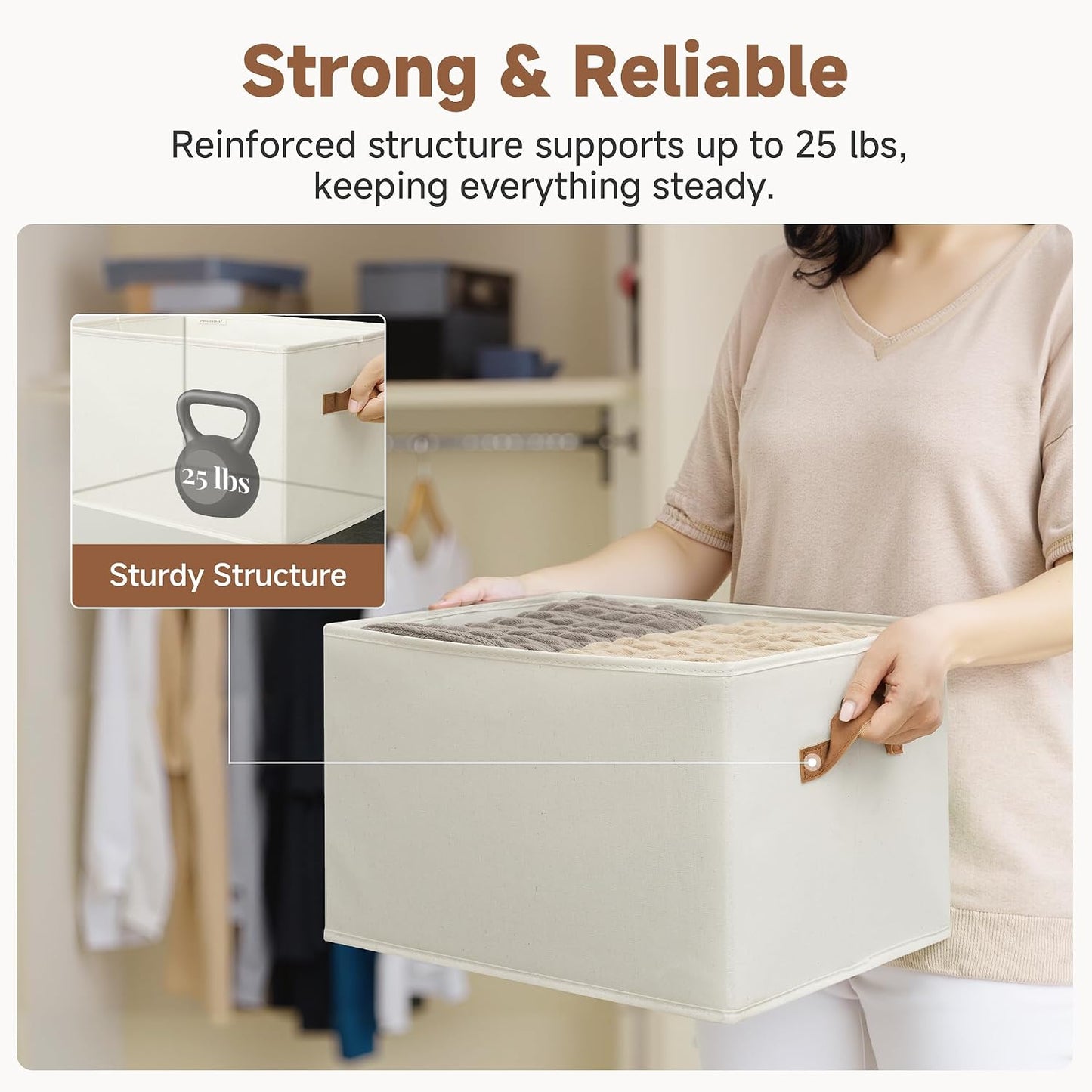 StorageWorks Closet Storage Bins with PU Handles, Ivory White, Extra Large | Foldable Storage Bins with PU Handles, Closet Storage Baskets, Fabric Bins for Clothes Storage