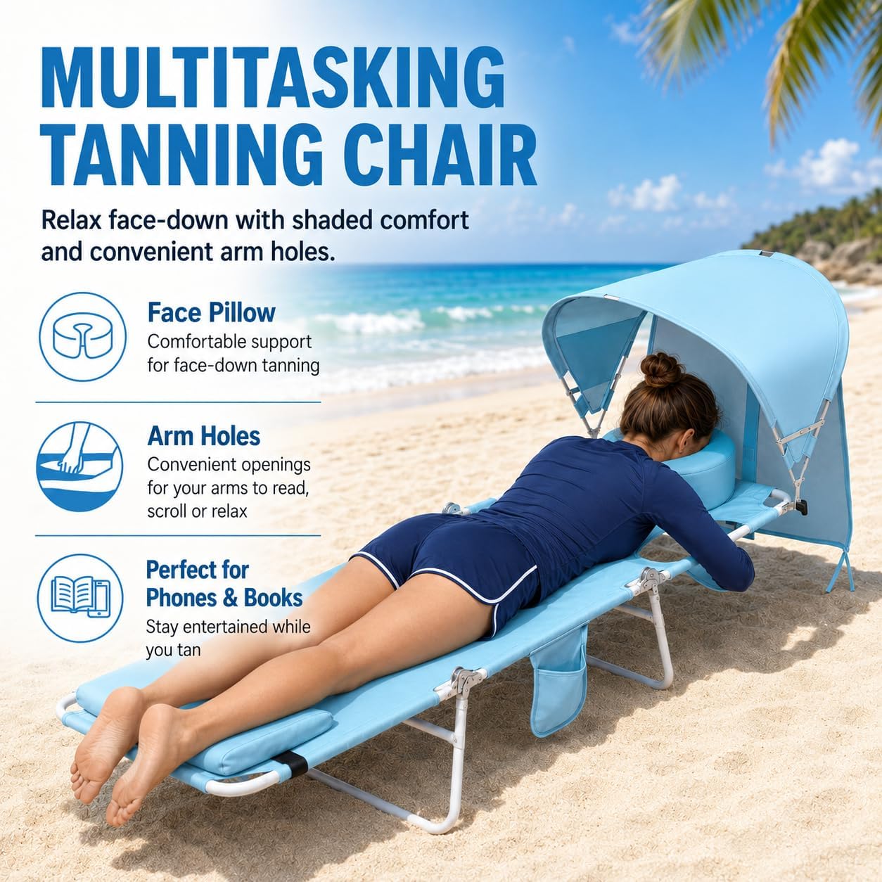 Backpack Beach Tanning Lounge Chair with Canopy Shade Face Hole Padded Adjustable Washable, 6 Position Layout Chair for Outside Sunbathing Poolside Lawn, UPF 50+ Wind-Resistant Sun Shade, Patented