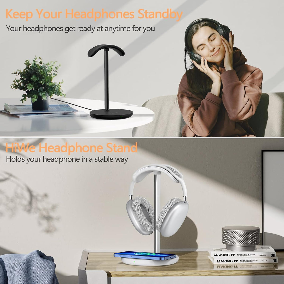 Hiwe Headphone Stand with Wireless Charger, Gaming Headset Holder for Desk