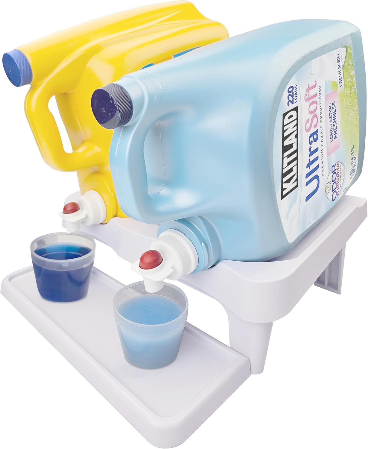 Skywin TidyFriend Detergent Holder Shelf for Laundry Room - Holds 2 Liquid Soap Dispenser, Laundry Soap Station Organizer, Detergent Stand with Drip Catcher Drip Tray Storage Organization (White)