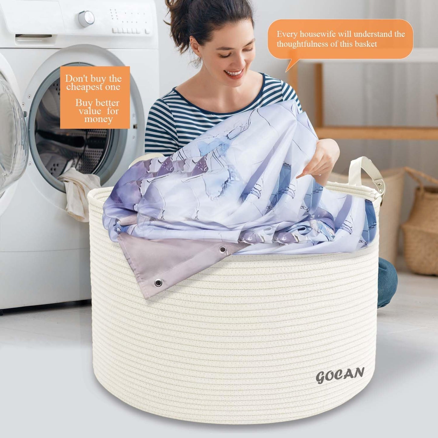 Cotton Rope Woven Laundry Basket 22"X 22"X 14" with handles（Cream）XXXL | Hand-woven, ideal for storing blankets and cushions in the living room, and clothes for household storage.